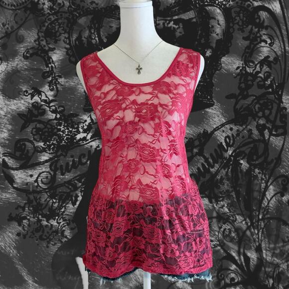 unbranded Tops - pink open floral lace fairy boho ethereal glam whimsical racerback tank top
